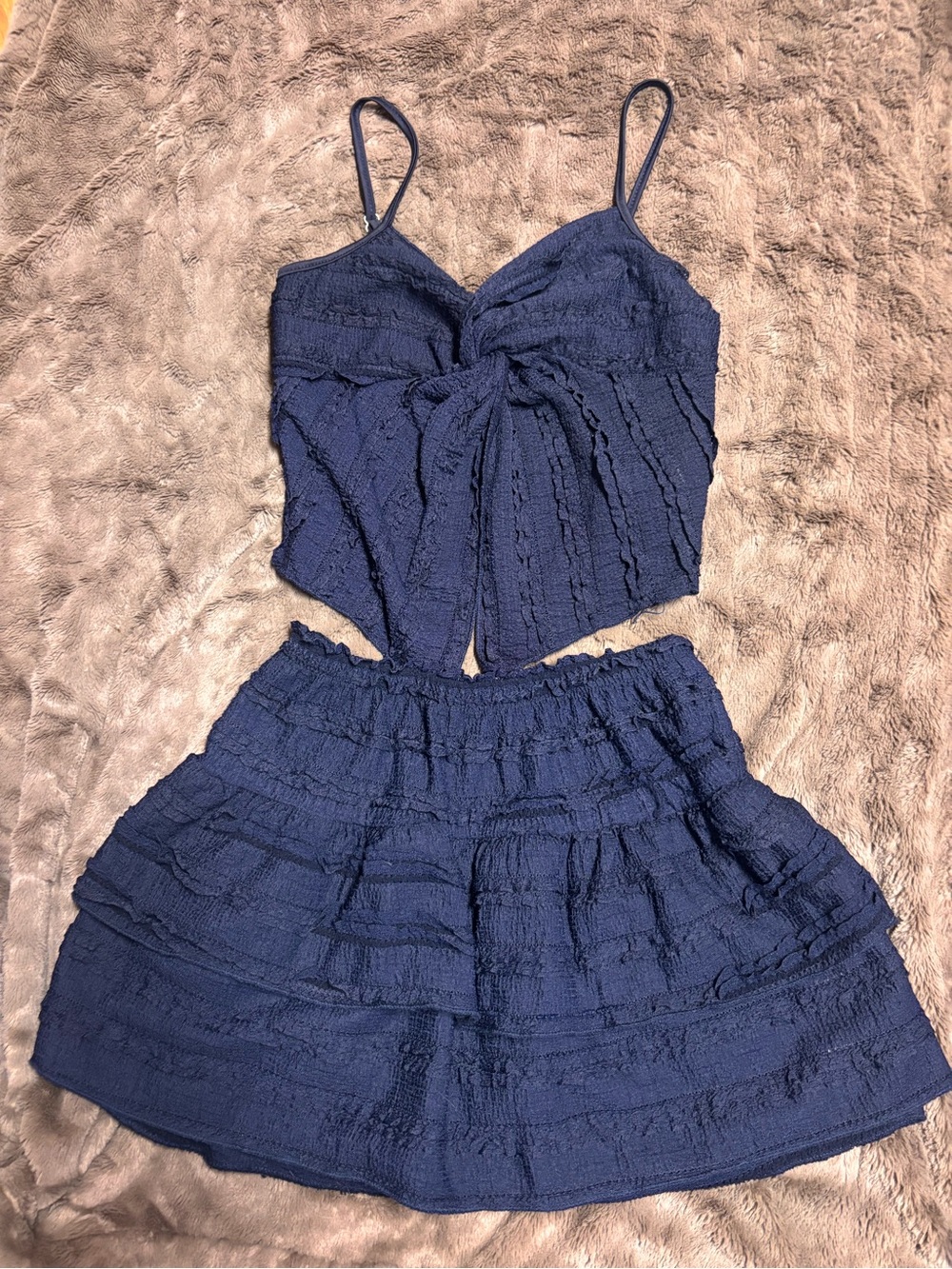 SHEIN Navy Textured Two-Piece Tie-Front Skirt Set